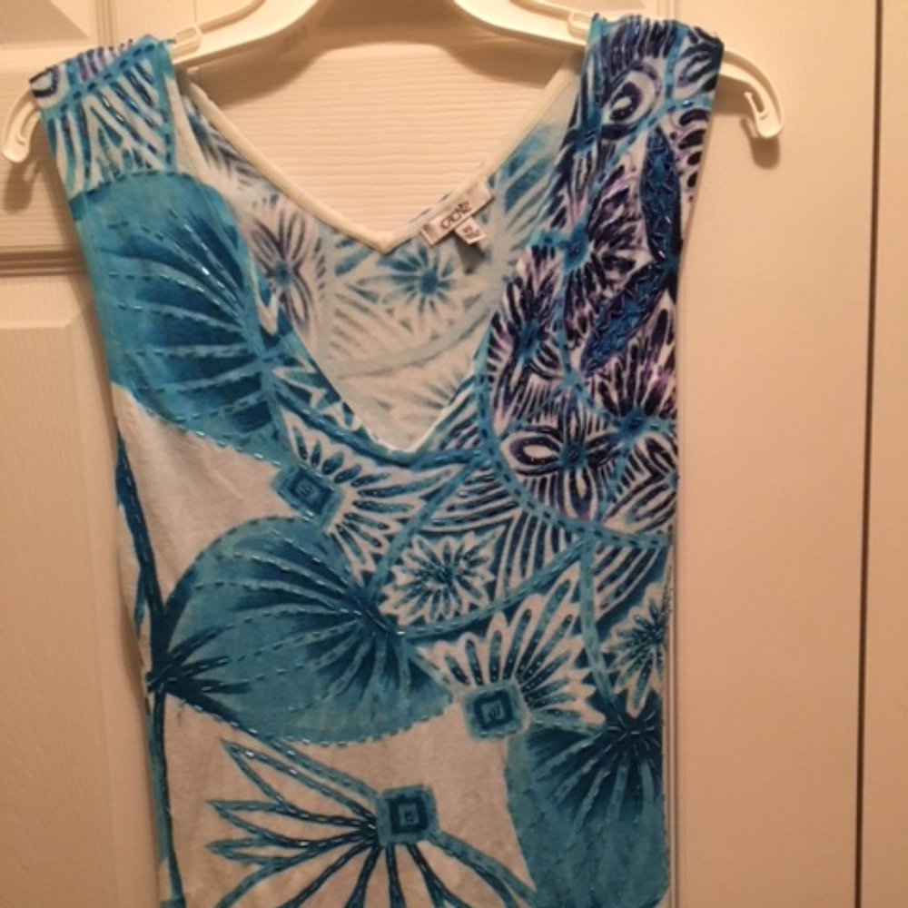 Cache Blue/White beaded Sleeveless Sweater - XS